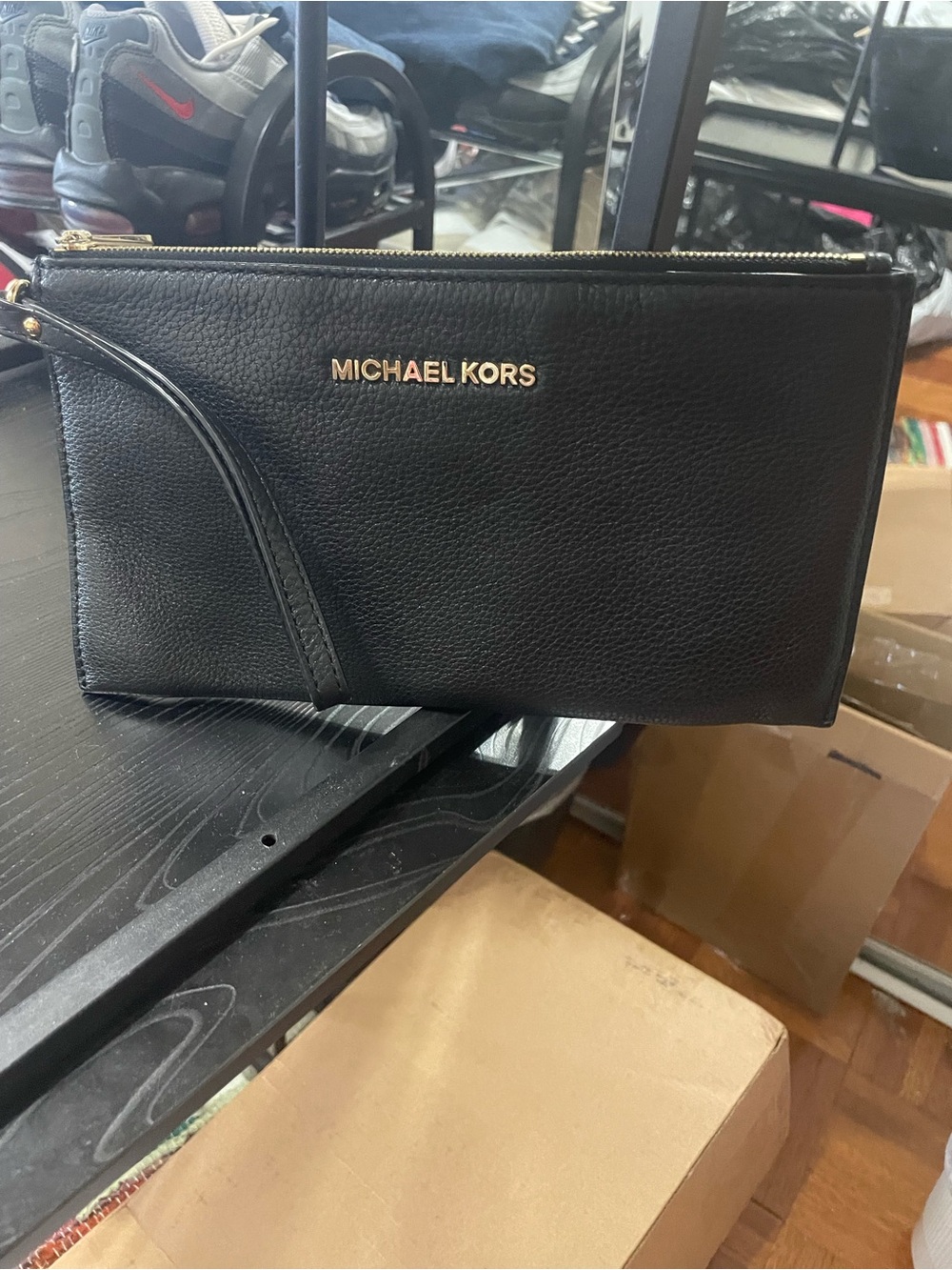 Michael Kors Black Leather Wristlet with Gold Logo